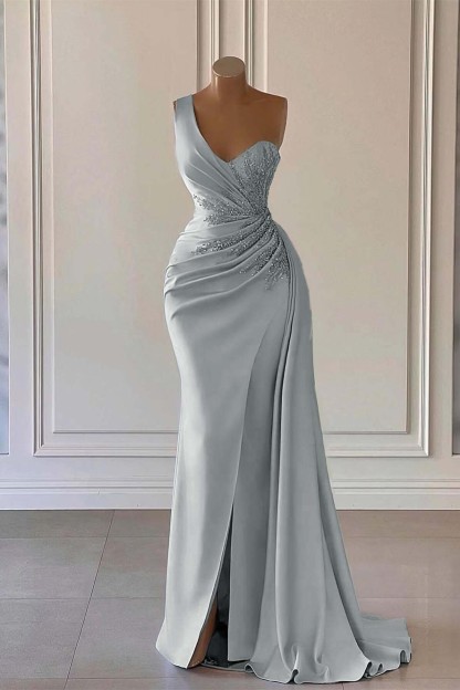 Dusty Blue One Shoulder Long Glitter Evening Dresses