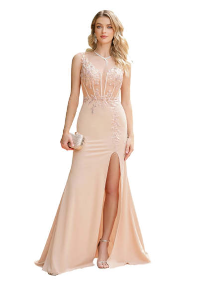 Charming Sleeveless V-Neck Slit Mermaid Floor Length Dress with Appliques-BMbridal