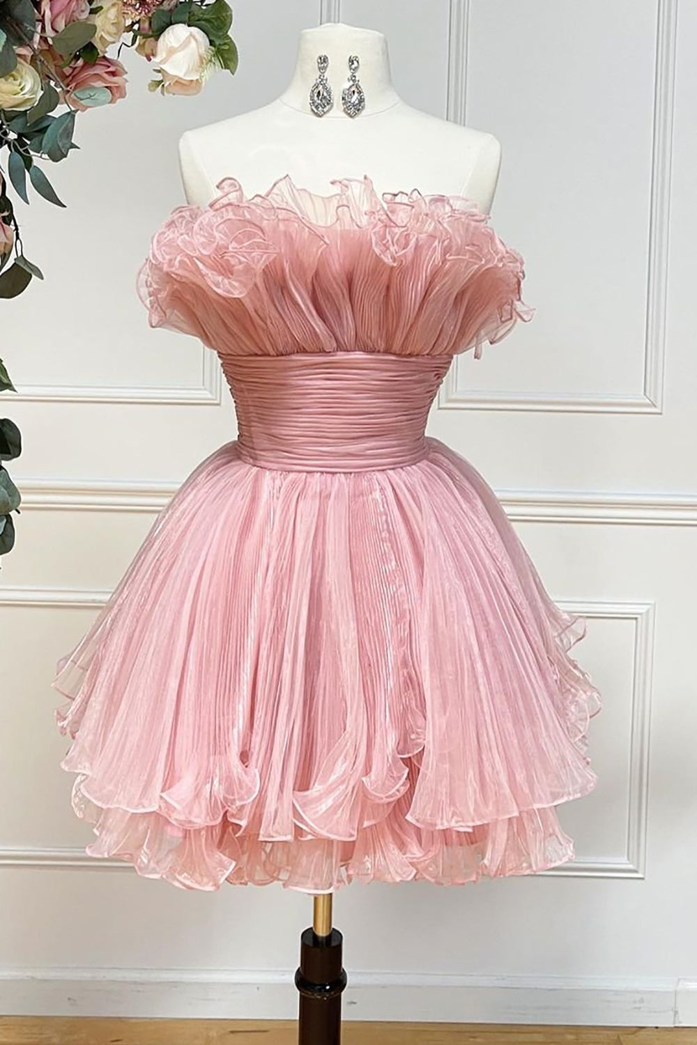 Chic Fuchsia Strapless A Line Short Homecoming Dress with Ruffles