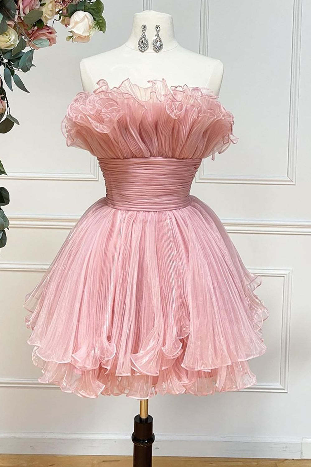 Chic Fuchsia Strapless A Line Short Homecoming Dress with Ruffles