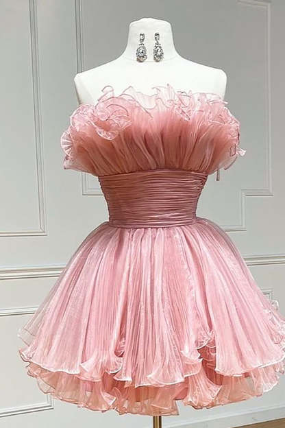 Chic Fuchsia Strapless A Line Short Homecoming Dress with Ruffles