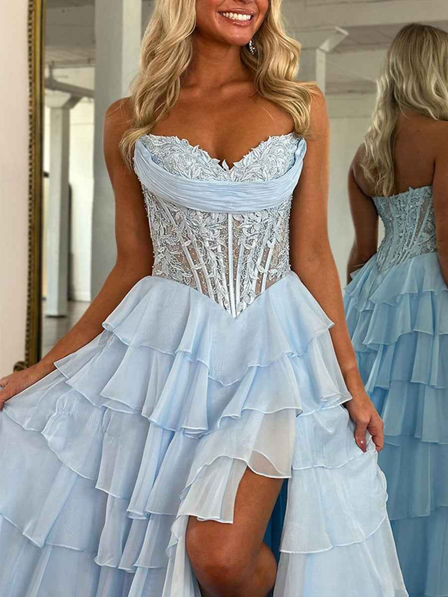 Chiffon A-Line Strapless Empire Tiered Long Prom Dress With Slit