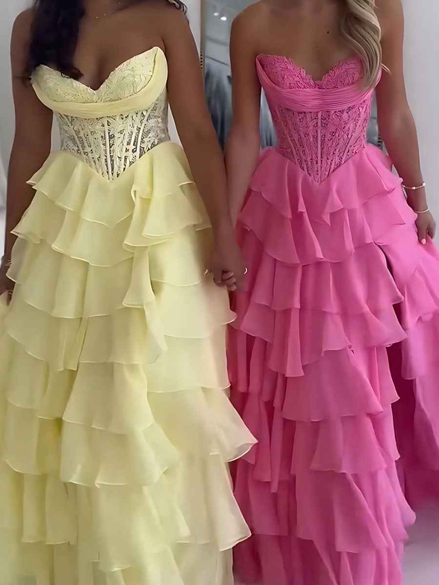 Chiffon A-Line Strapless Empire Tiered Long Prom Dress With Slit