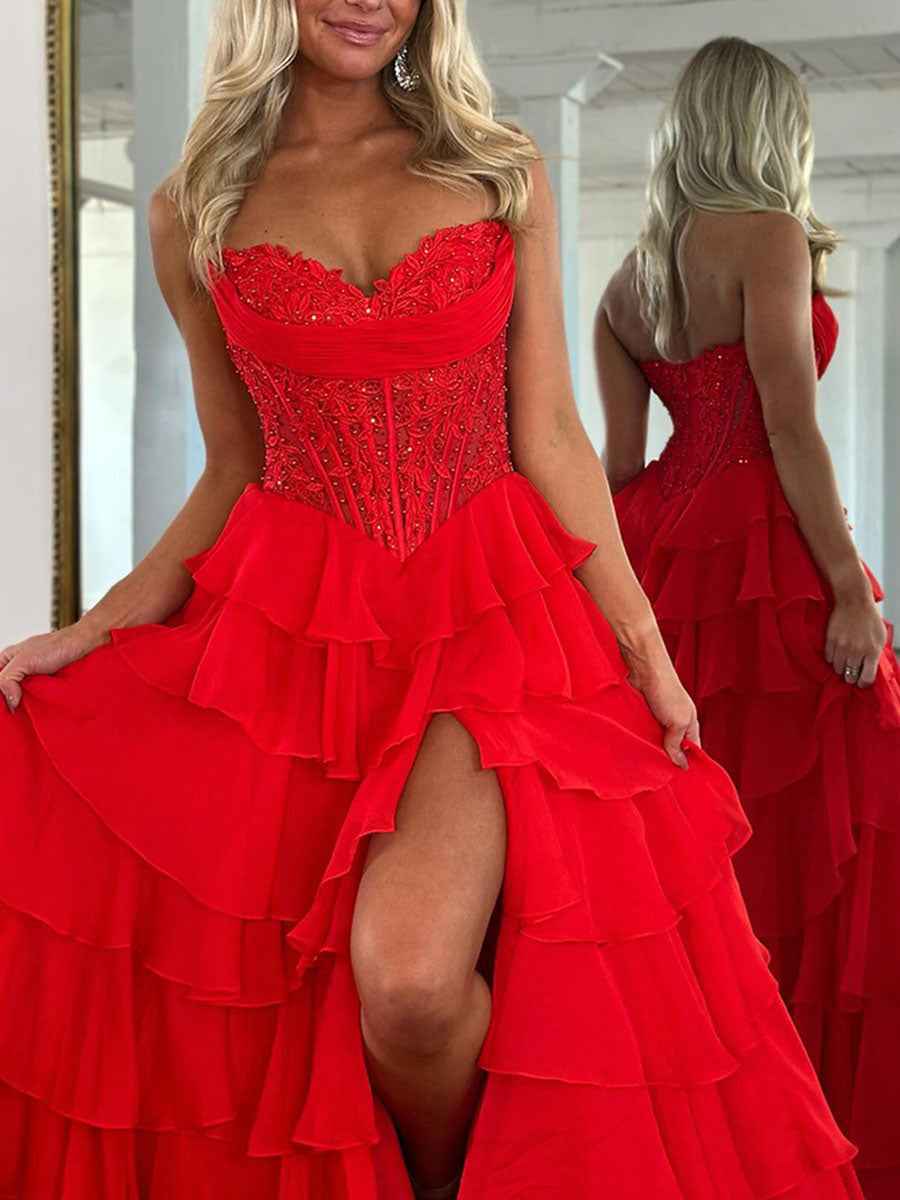 Chiffon A-Line Strapless Empire Tiered Long Prom Dress With Slit