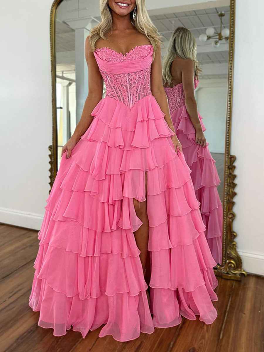 Chiffon A-Line Strapless Empire Tiered Long Prom Dress With Slit