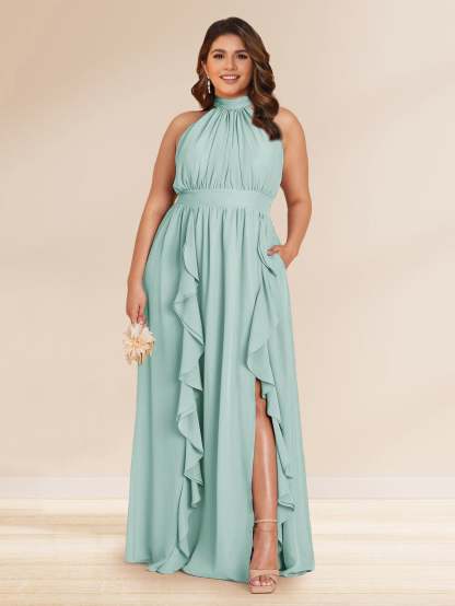 Chiffon A-Line/Princess Halter Plus Size Bridesmaid Dresses with Split Side & Ruffles
