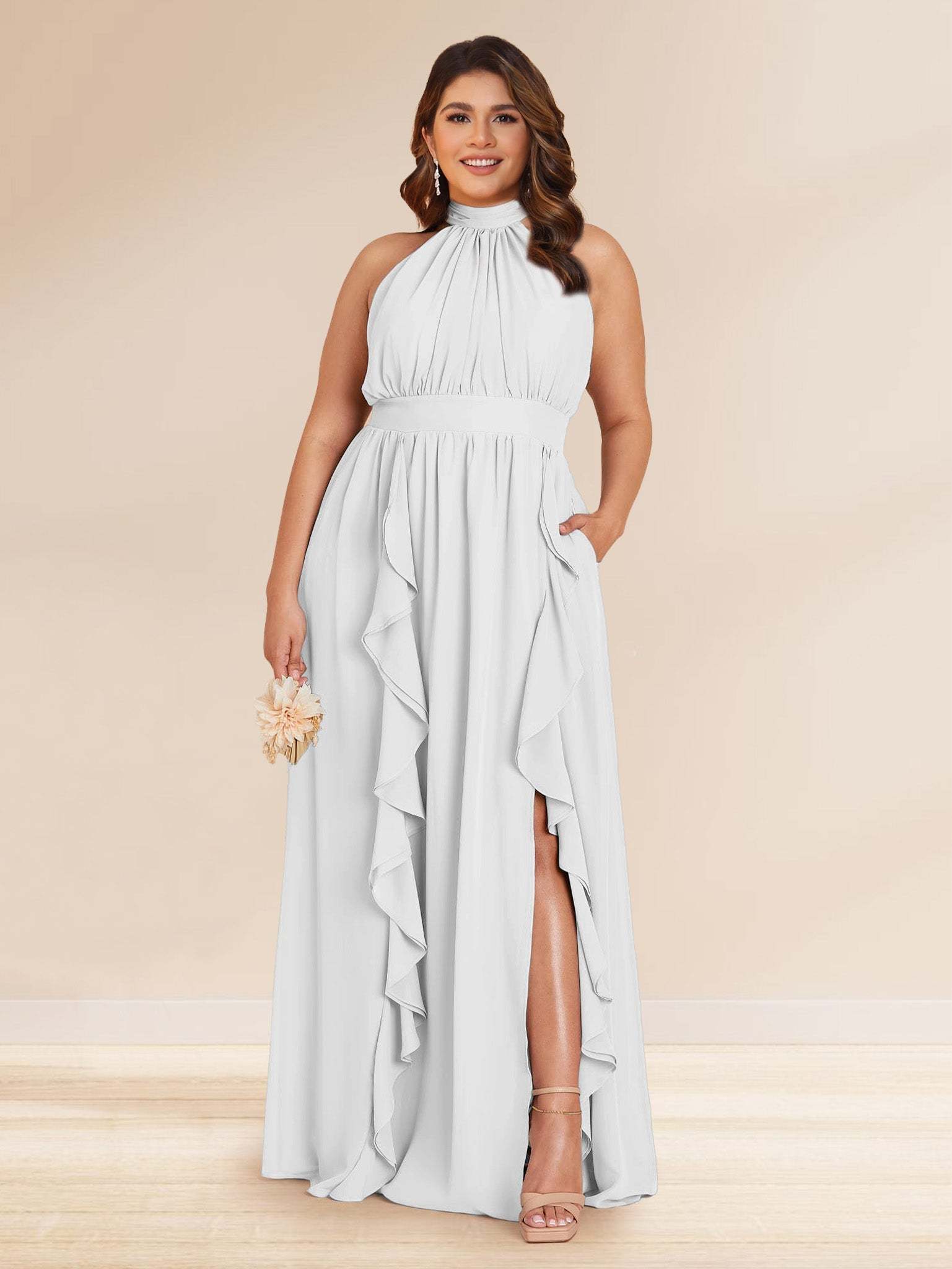Chiffon A-Line/Princess Halter Plus Size Bridesmaid Dresses with Split Side & Ruffles