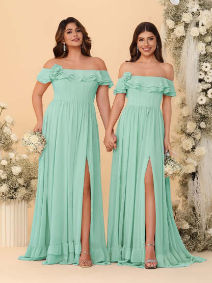 Chiffon A-Line/Princess Off-the-Shoulder Short Sleeves Ruched Bridesmaid Dresses