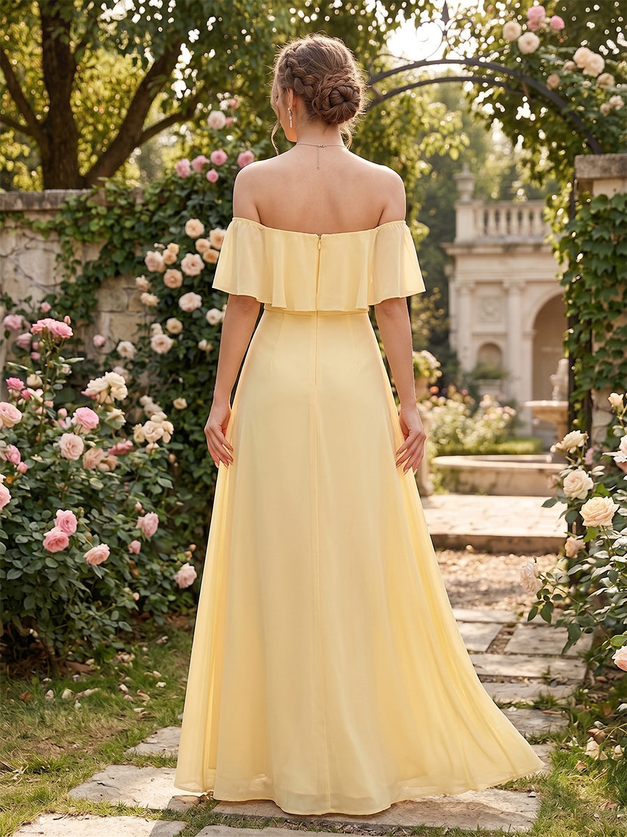 Chiffon Trumpet/Mermaid Off-the-Shoulder Floor-Length Bridesmaid Dress With Ruffles & Split Side