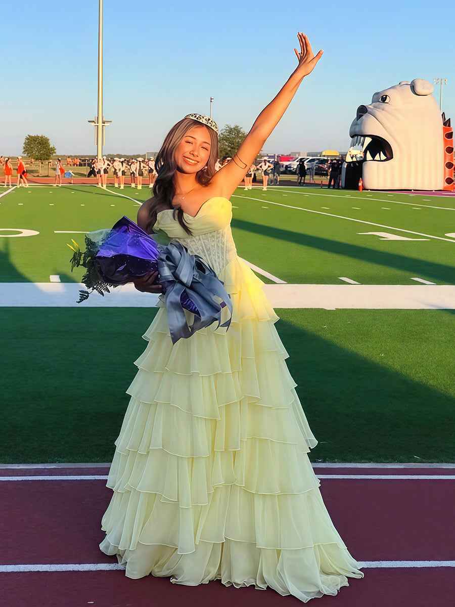 Chiffon A-Line Strapless Empire Tiered Long Prom Dress With Slit