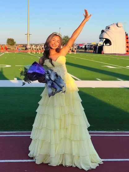 Chiffon A-Line Strapless Empire Tiered Long Prom Dress With Slit