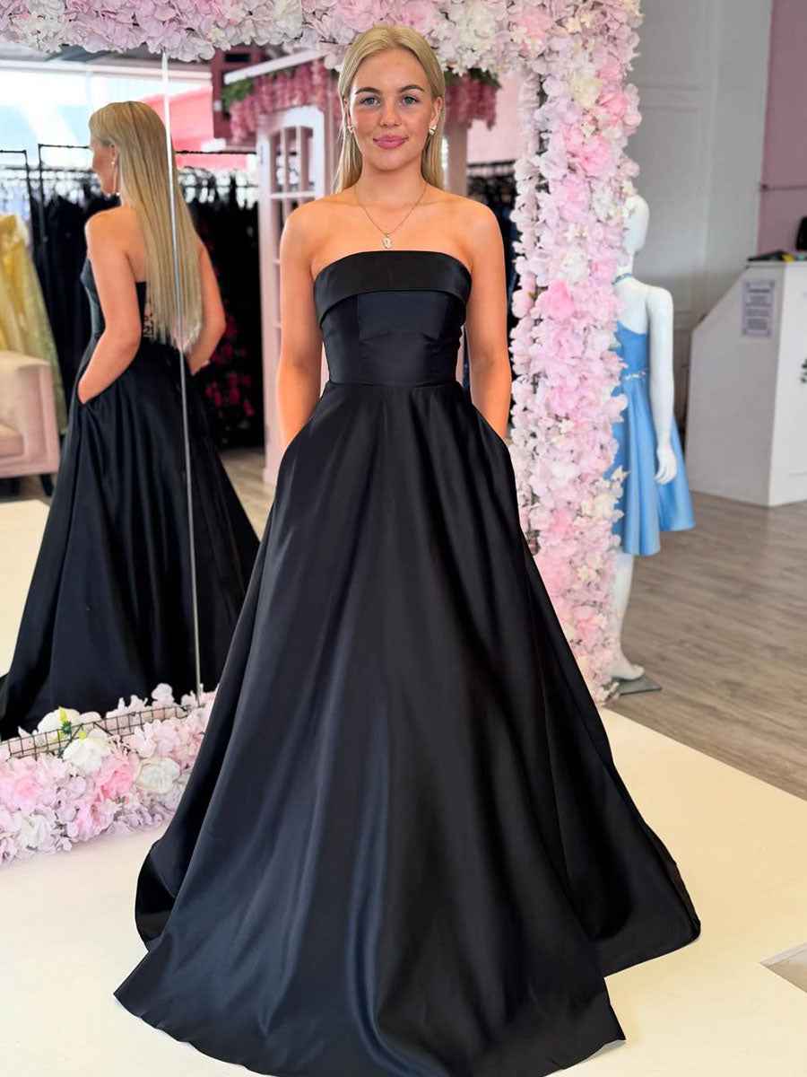 Classic Black Strapless Satin Long Prom Gown with Pockets