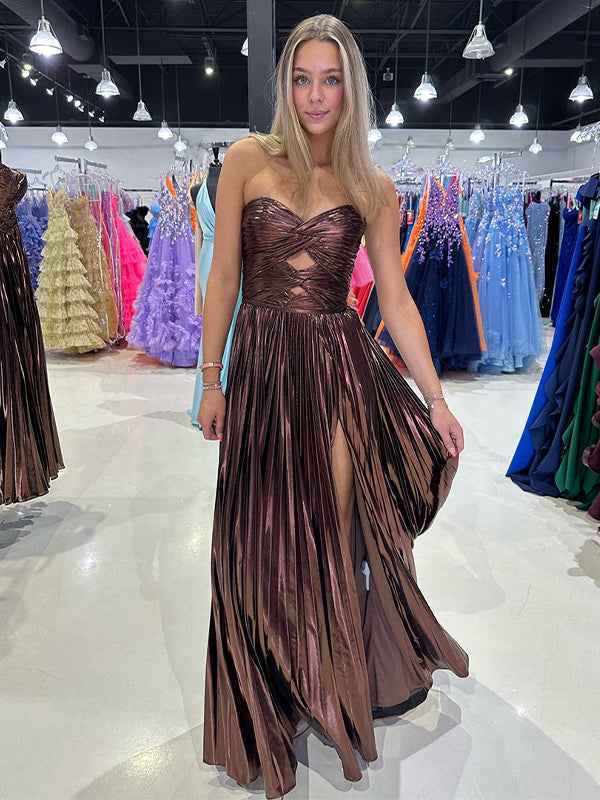 Yellow A Line Strapless Sweetheart Pleated Prom Dress with High Slit