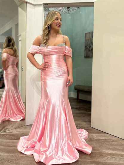 Cold Shoulder Pink Mermaid Long Prom Dress with Beaded