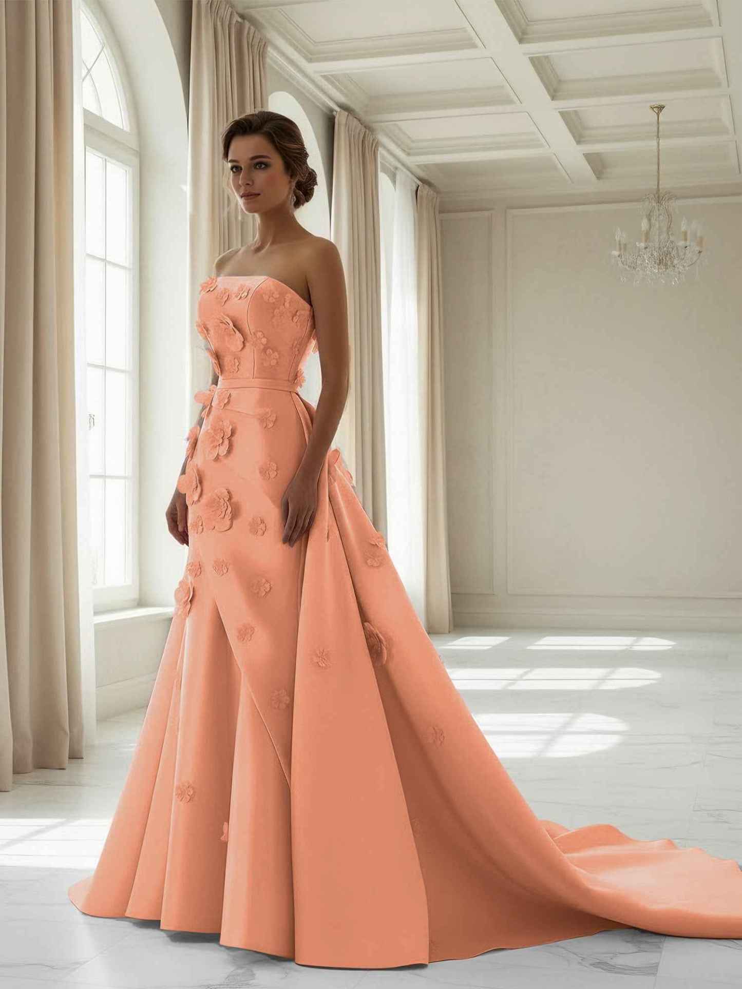 Pink A Line Satin Strapless Prom Dress with 3D Floral Appliques