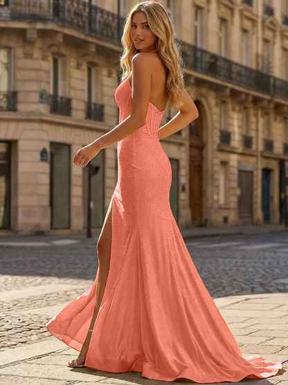 Yellow Beaded Halter Corset Prom Dress with High Slit