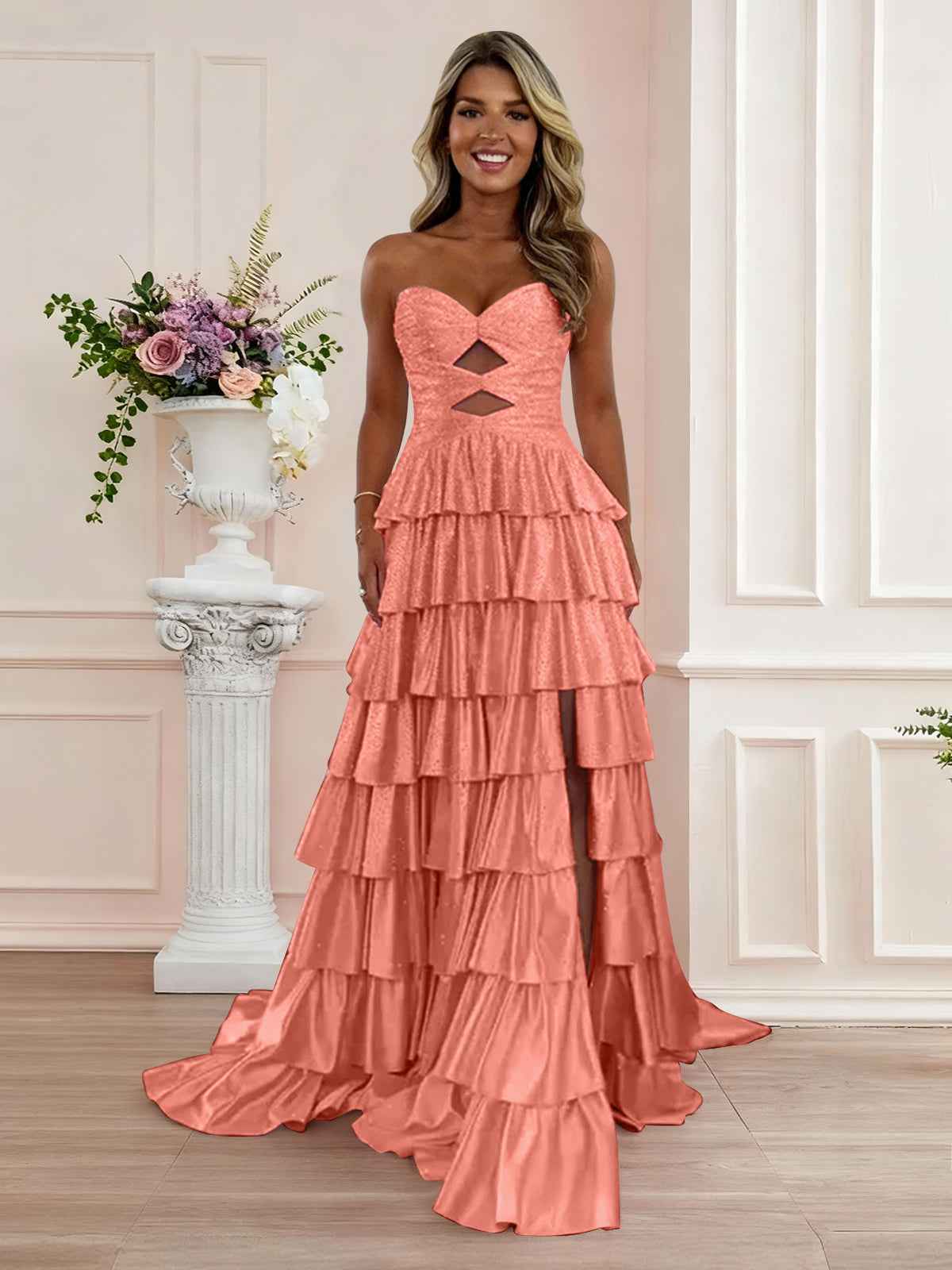 A Line Strapless Sweetheart Satin Prom Dress with Keyhole