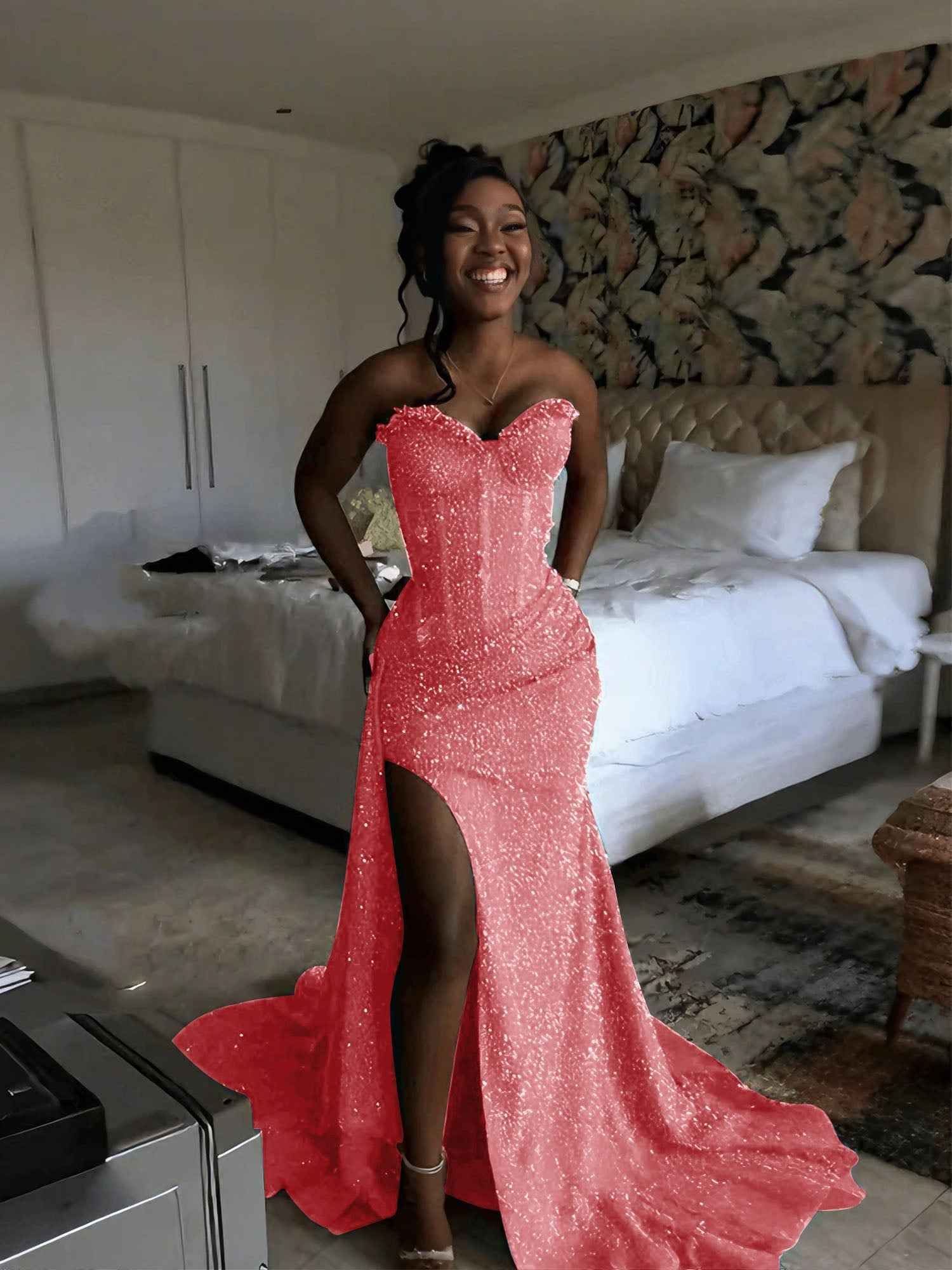 Glitter Strapless Mermaid Sequined Long Prom Dress with Slit - BMBRIDAL