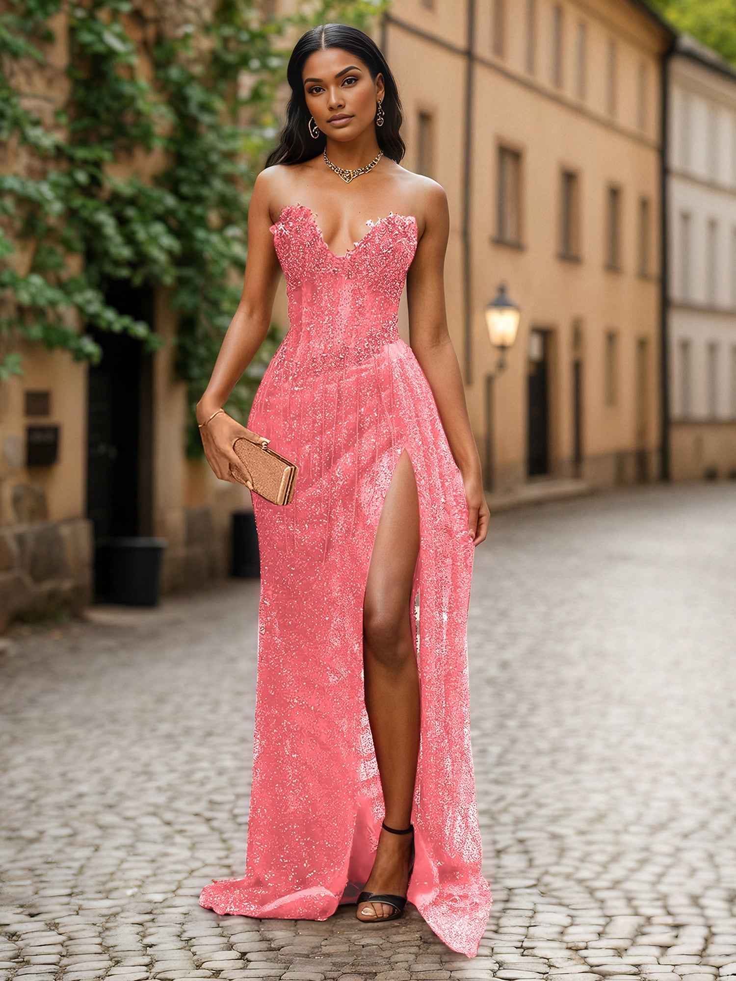 Red Strapless Beaded Fringe Waist Sequin Prom Dress with High Slit