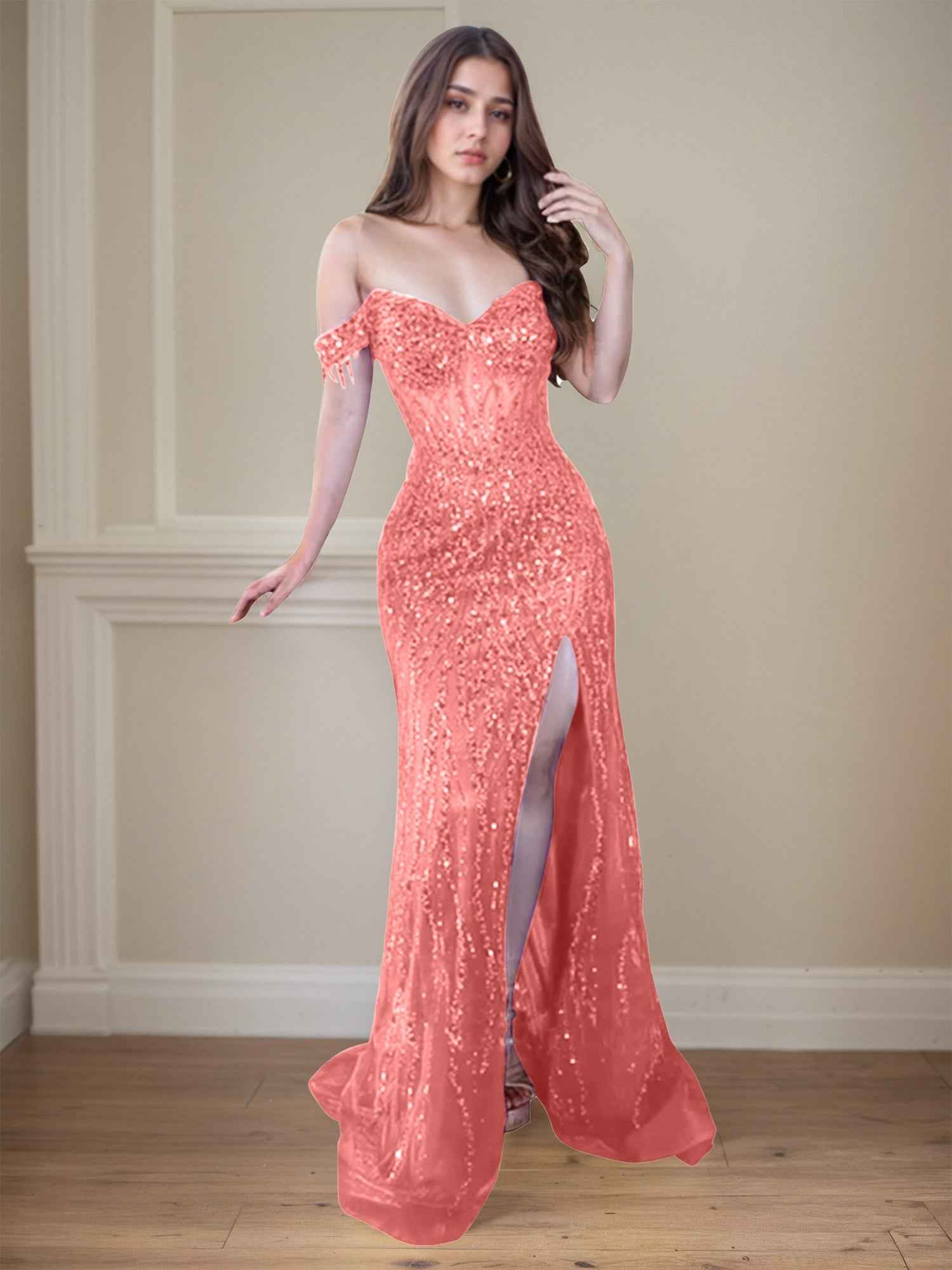 Red Off-the-Shoulder Beaded Tulle Long Prom Dress with Swirling Sequins