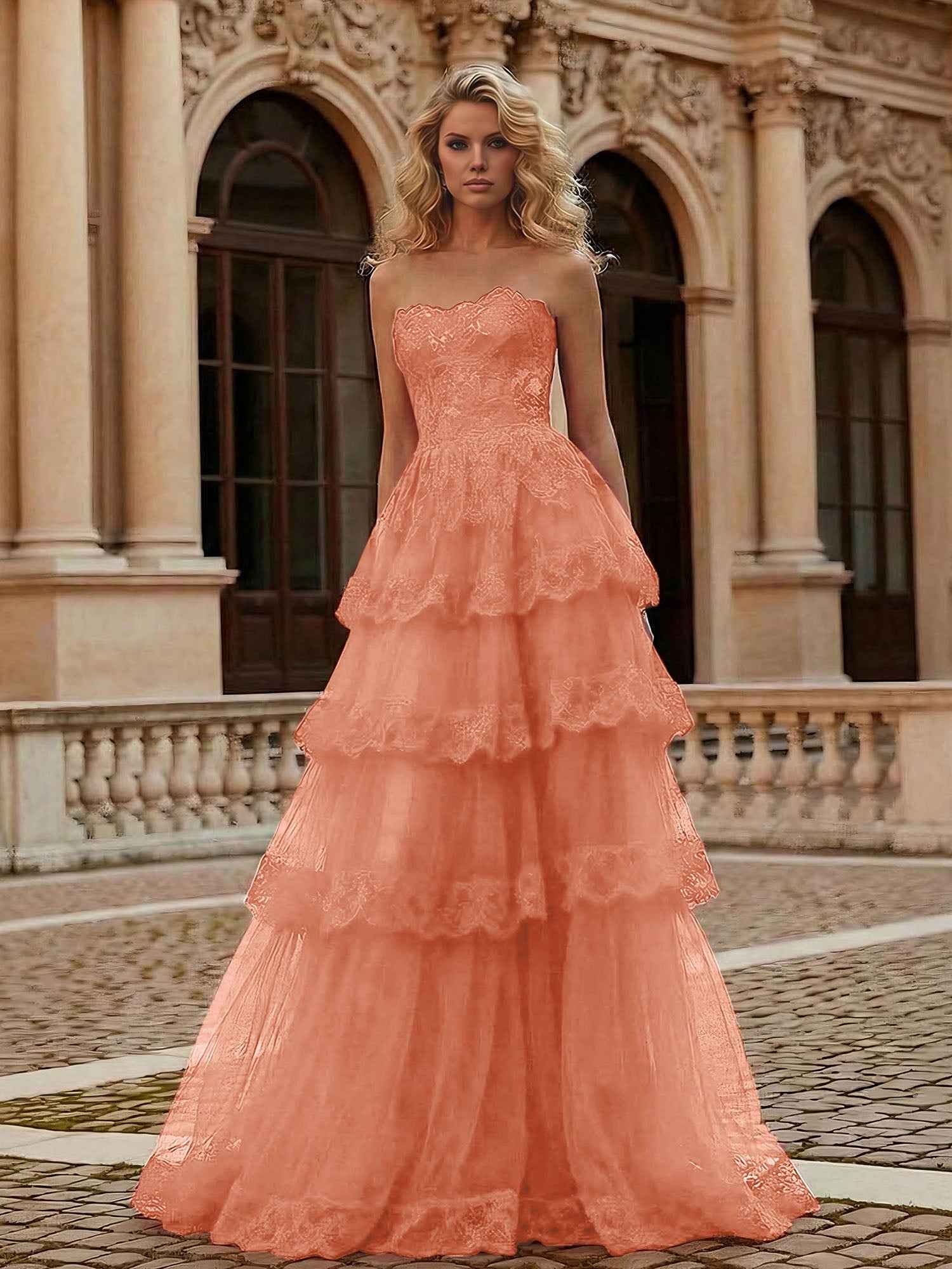 Red Tiered Tulle Strapless Lace Bodice A-Line Long Prom Dress