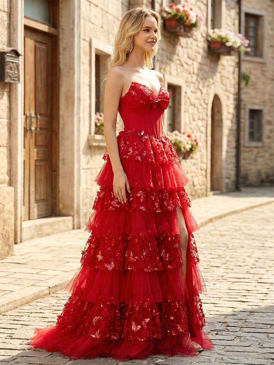 Red Corset Bodice Tiered Long Prom Dress with 3D Floral Applique|s