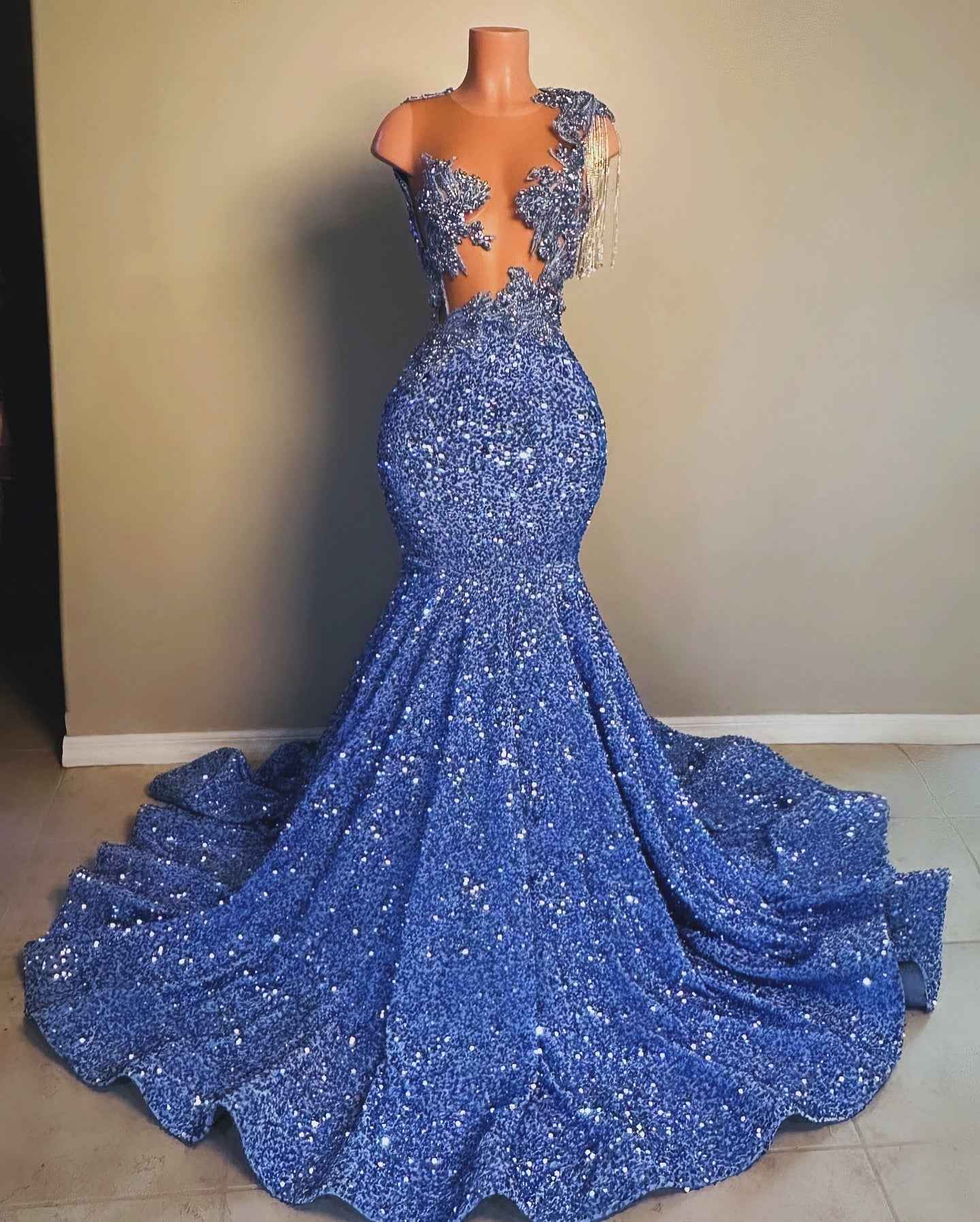 The Sapphire Diva - 2026 Royal Blue Crystal Fringe Illusion Mermaid Gown: One-Shoulder Crystal Tassel with Sheer Bodice Cutouts & Cathedral Train