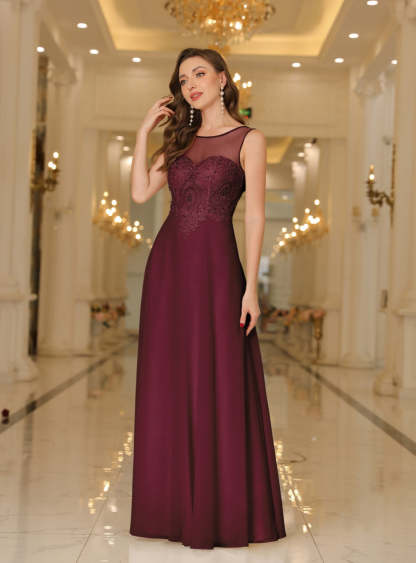 Scoop Neck Sleeveless Chiffon Floor Length Dress with Lace Appliques-BMbridal