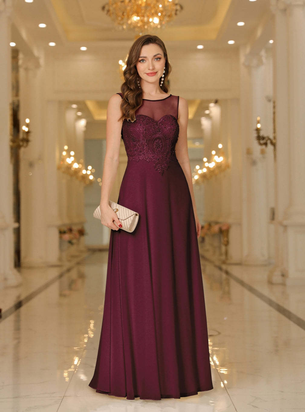 Scoop Neck Sleeveless Chiffon Floor Length Dress with Lace Appliques-BMbridal
