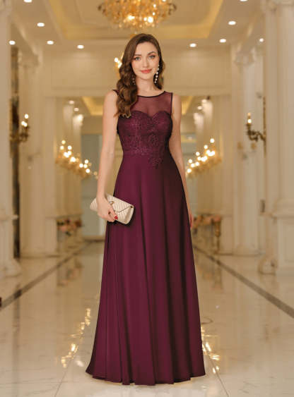 Scoop Neck Sleeveless Chiffon Floor Length Dress with Lace Appliques-BMbridal