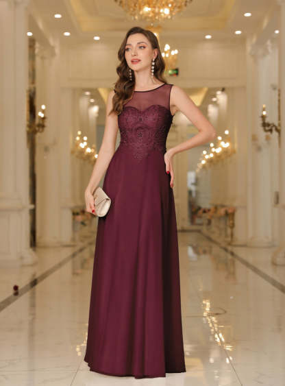 Scoop Neck Sleeveless Chiffon Floor Length Dress with Lace Appliques-BMbridal