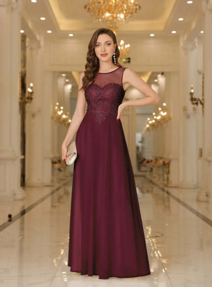 Scoop Neck Sleeveless Chiffon Floor Length Dress with Lace Appliques-BMbridal