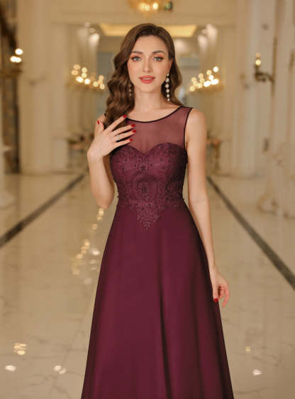 Scoop Neck Sleeveless Chiffon Floor Length Dress with Lace Appliques-BMbridal