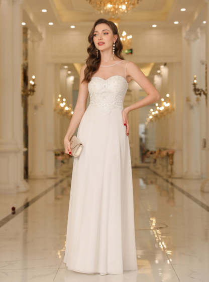 Scoop Neck Sleeveless Chiffon Floor Length Dress with Lace Appliques-BMbridal