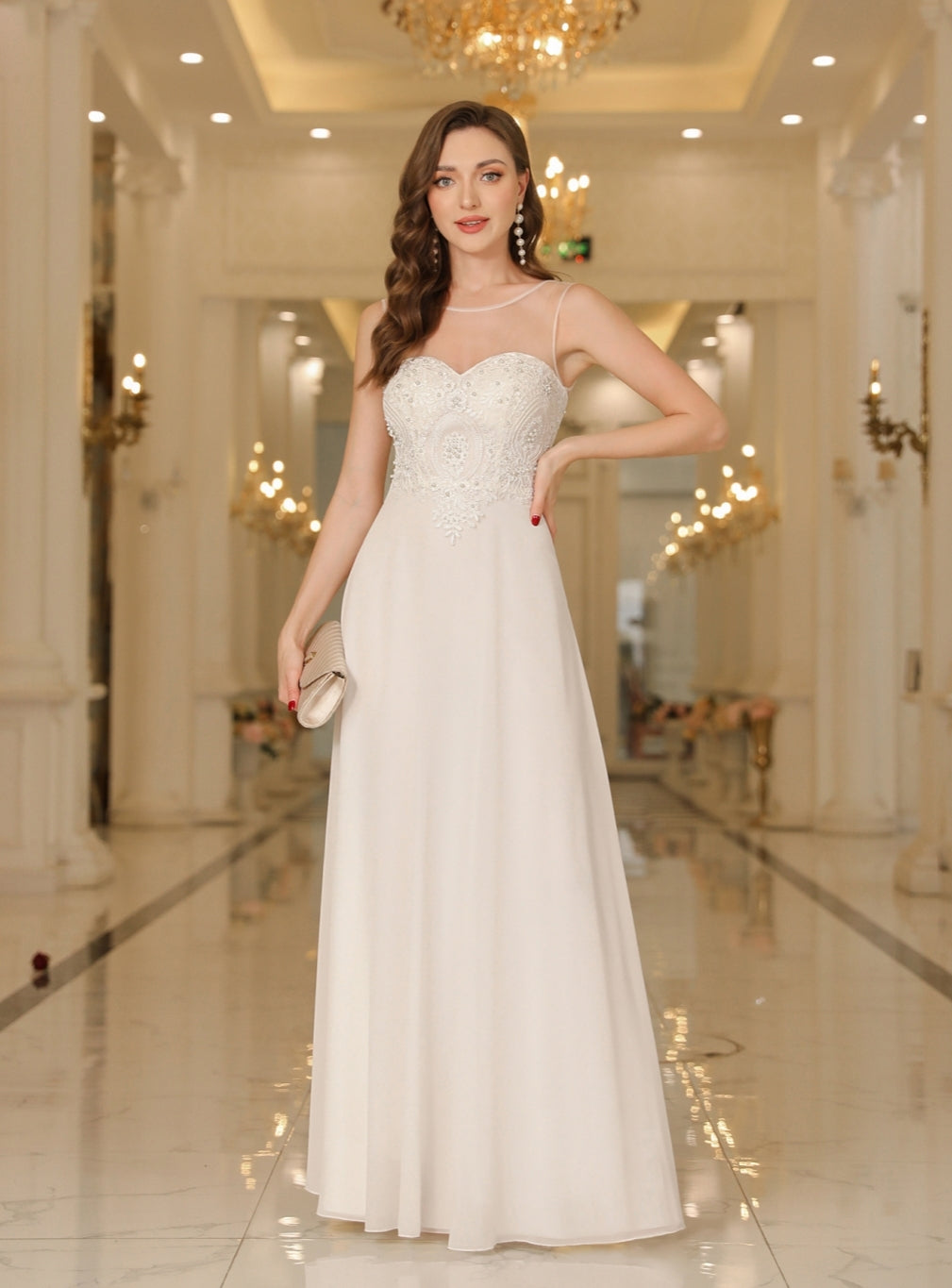 Scoop Neck Sleeveless Chiffon Floor Length Dress with Lace Appliques-BMbridal