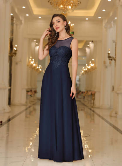 Scoop Neck Sleeveless Chiffon Floor Length Dress with Lace Appliques-BMbridal