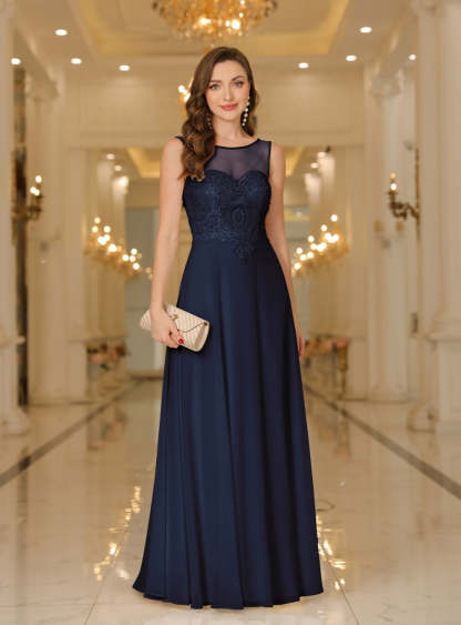 Scoop Neck Sleeveless Chiffon Floor Length Dress with Lace Appliques-BMbridal