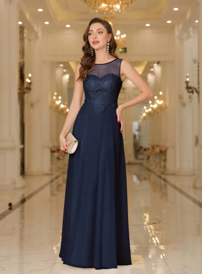 Scoop Neck Sleeveless Chiffon Floor Length Dress with Lace Appliques-BMbridal