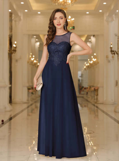Scoop Neck Sleeveless Chiffon Floor Length Dress with Lace Appliques-BMbridal