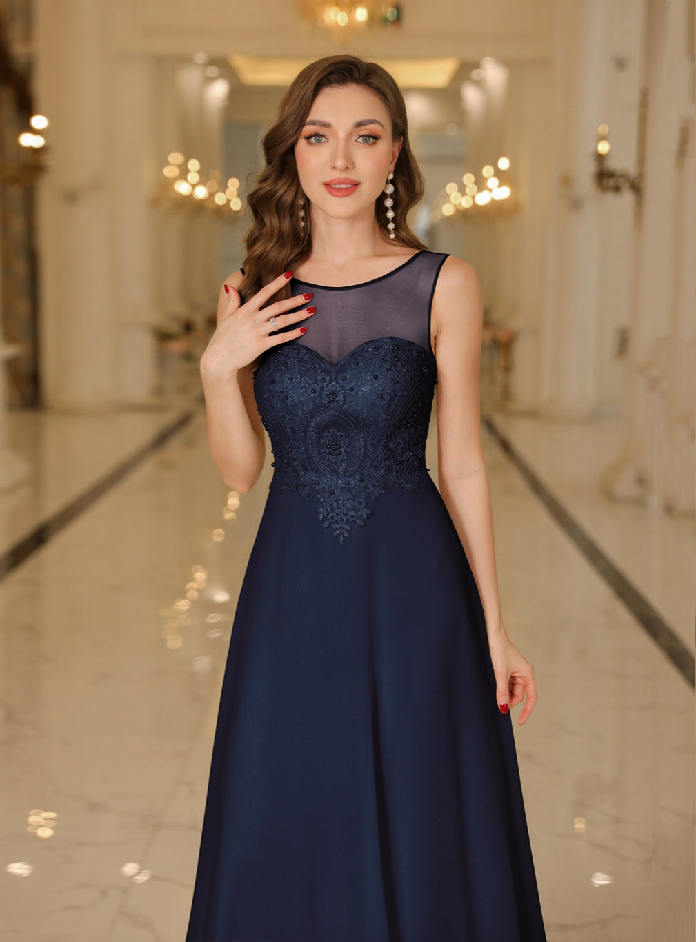 Scoop Neck Sleeveless Chiffon Floor Length Dress with Lace Appliques-BMbridal