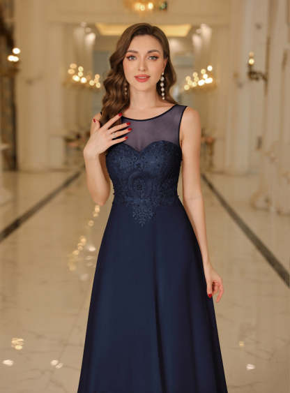 Scoop Neck Sleeveless Chiffon Floor Length Dress with Lace Appliques-BMbridal