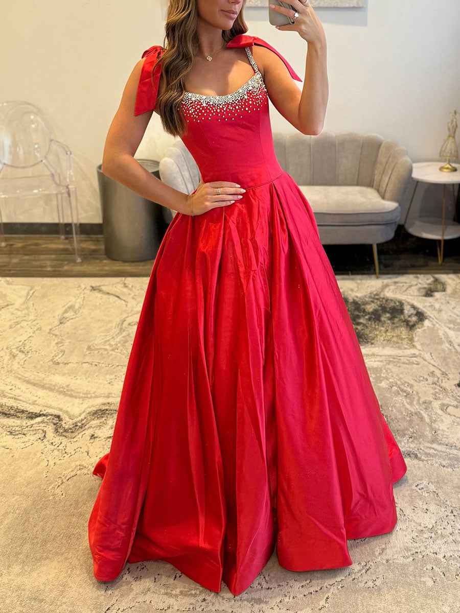 Crystal Beaded Bodice Prom Dress with Bow Shoulders