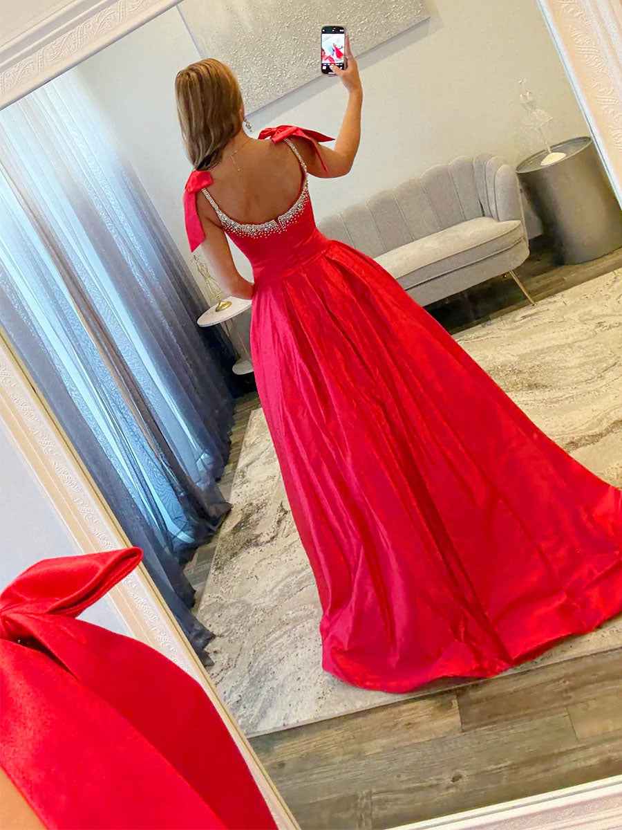 Crystal Beaded Bodice Prom Dress with Bow Shoulders