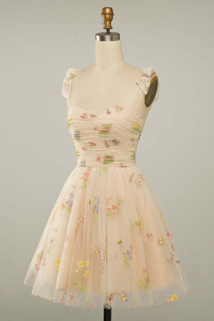 Cute A Line Green Spaghetti Straps Short Homecoming Dress with Embroidery