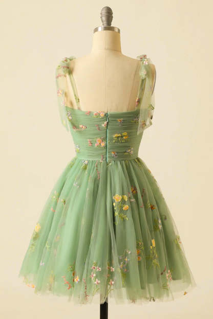 Cute A Line Green Spaghetti Straps Short Homecoming Dress with Embroidery