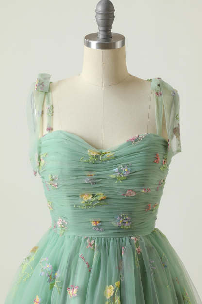Cute A Line Green Spaghetti Straps Short Homecoming Dress with Embroidery