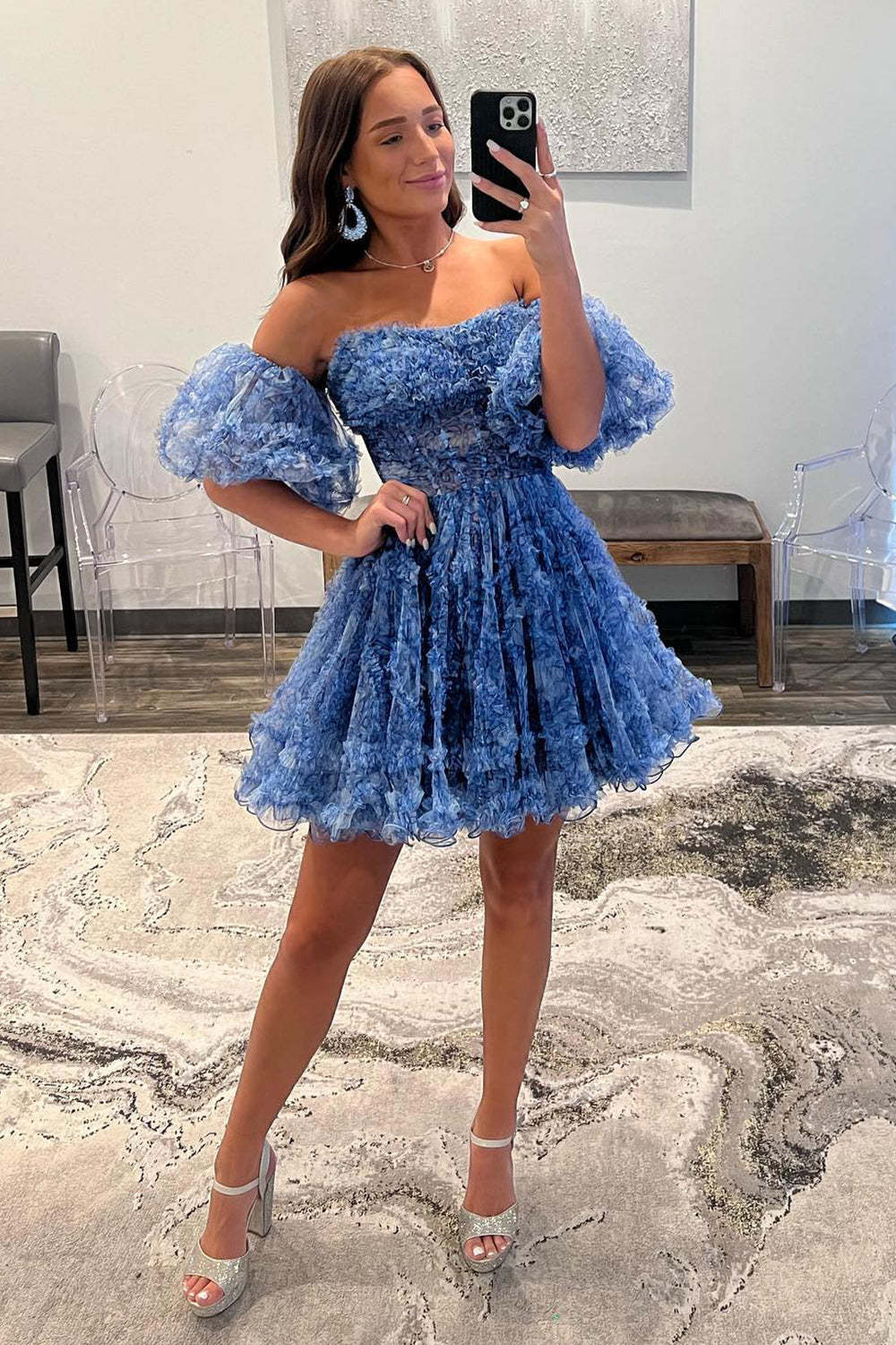 Cute A Line Off the Shoulder Blue Printed Detachable Sleeves Ruffled Short Homecoming Dress