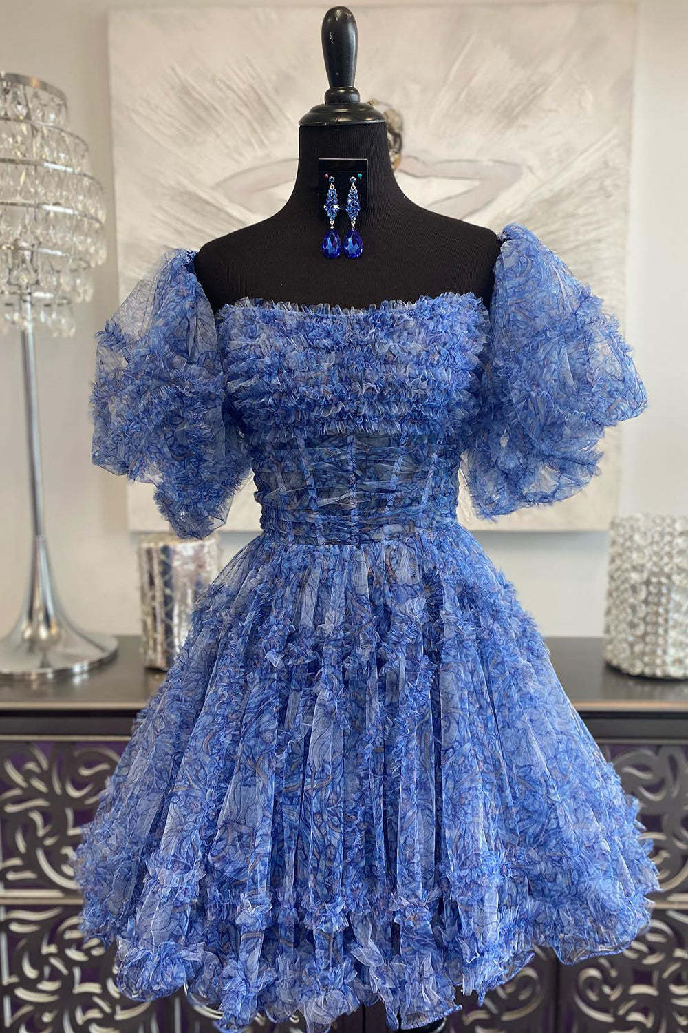 Cute A Line Off the Shoulder Blue Printed Detachable Sleeves Ruffled Short Homecoming Dress