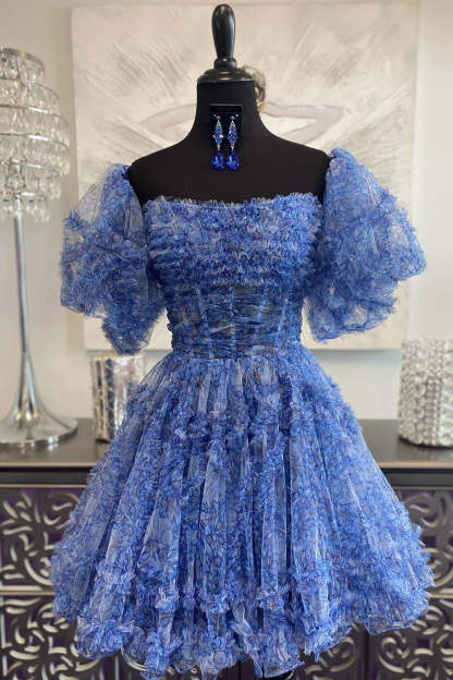 Cute A Line Off the Shoulder Blue Printed Detachable Sleeves Ruffled Short Homecoming Dress