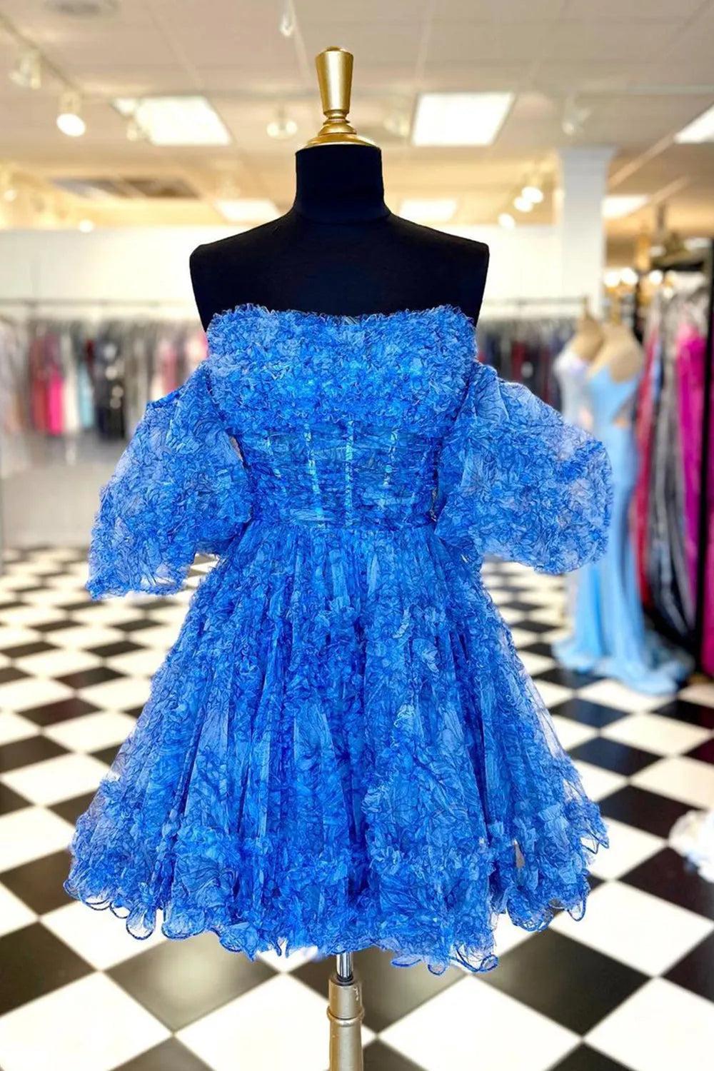 Cute A Line Off the Shoulder Blue Printed Detachable Sleeves Ruffled Short Homecoming Dress